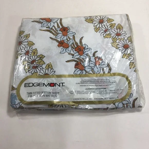 Vintage Edgemont Blue Brown Floral Twin Flat Fitted Sheet Set No Iron Muslin - Picture 5 of 6